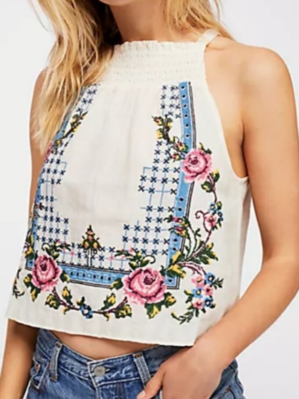 Free People White Floral Embroidered Halter Crop Top XS